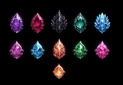 Collection of Ten Fantasy Game Icons Featuring Gemstones and Crystals in Various Vibrant Colors on a Black Background