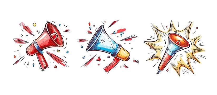Collection Of Three Megaphones Making Noise With Colorful Splashes And Pixels On A White Background