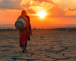 Indian Rajasthani woman walking in desert for water