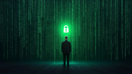 Green background for cyber security concept man with glowing lock 