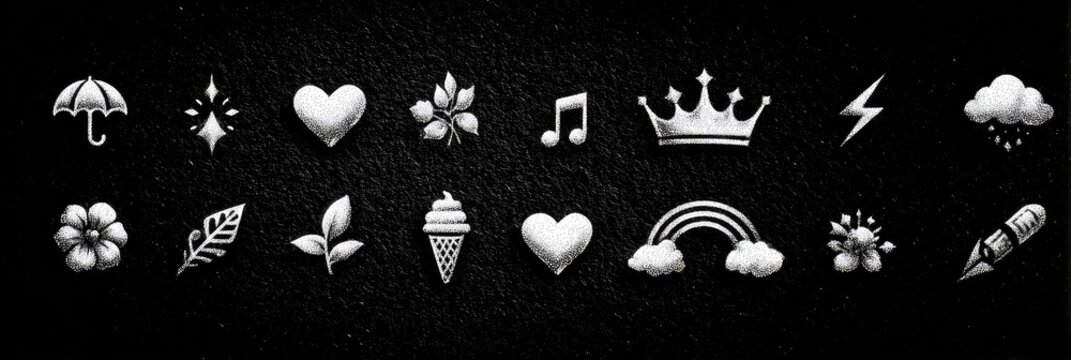 Collection of White Pixelated Icons on Black Background Featuring Hearts Music Notes Crown Umbrella Lightning and Rainbow Symbols