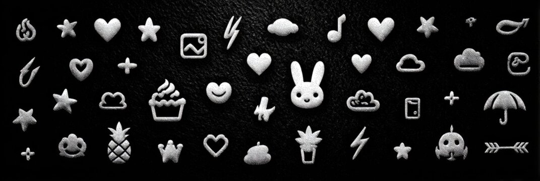 Collection Of White Pixelated Icons On Black Background With Subtle White Speckles Scattered Across The Frame Includes Hearts Stars Lightning Bolts Clouds A Cupcake A Pineapple A Bunny Face A Music No