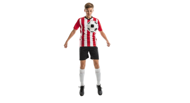 Young soccer player in red and white striped jersey controlling ball with chest isolated on transparent background, showcasing skill and agility - Powered by Adobe