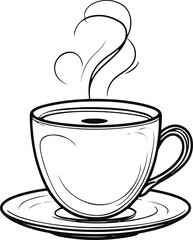 black line art showing a cup of freshly brewed coffee served on a saucer with gentle steam, minimalist vector outline, white background, cozy balanced layout 3