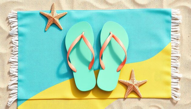 Summer vacation necessities for relaxing on the sand flip flops, starfish, and a soft beach towel
