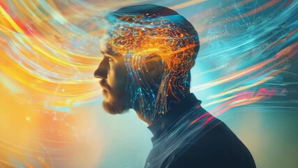 A futuristic male figure, characterized a dynamic digital brain visualization, stands out vividly in an engaging and vibrant cyberspace, embodying the essence of modernity and technological innovation - Powered by Adobe