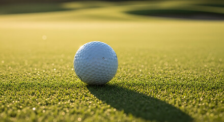 A white golf ball on a perfectly manicured green, bathed in the soft morning light, creates a long, distinct shadow across the turf, embodying the elegance and precision of the sport