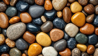 Polished pebble stones in shades of brown, grey, orange, and cream create a textured natural background
