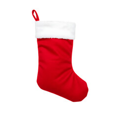 A single red christmas stocking with white trim isolated against a black background in a studio shot on transparent background