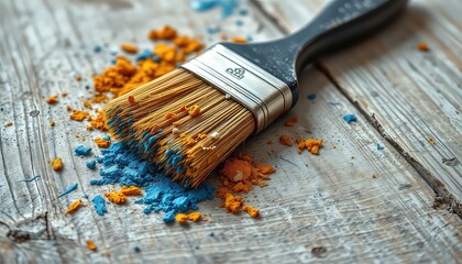 Fototapeta premium Paintbrush laying on a textured surface with vibrant blue and orange pigment powder scattered around it