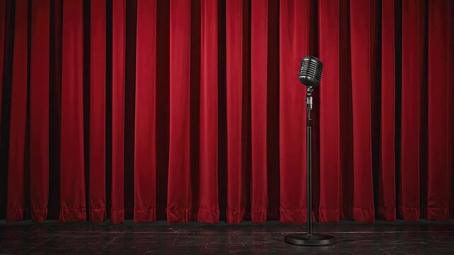A classic vintage-style microphone stands poised on a dimly lit stage, set against a luxurious backdrop of deep red velvet curtains. The elegant drapes hang in dramatic folds, creating a rich and thea