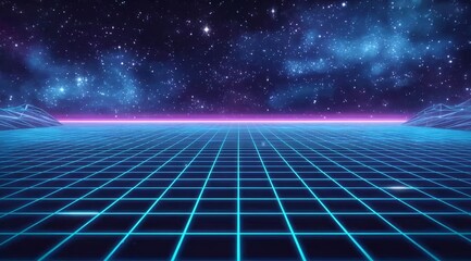 Digital grid landscape under a starry night sky with neon glow