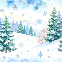 Watercolor winter landscape with snowy mountains and fir trees