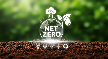 Net Zero concept with a globe showing CO2 emissions reduction and sustainable icons in a fertile environment