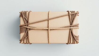 Parcel wrapped with intricate natural twine, a minimalist presentation of sustainable packaging on a light surface