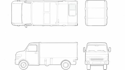 Outlines showing a box truck from top side and front views in a technical drawing style sketch format