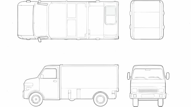 Outlines showing a box truck from top side and front views in a technical drawing style sketch format