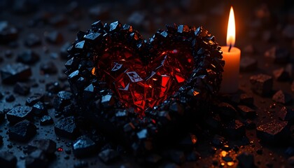 A heart made of black crystals illuminated by a single candle flame, deep shadows and rich red reflections, gothic Valentine aesthetic.