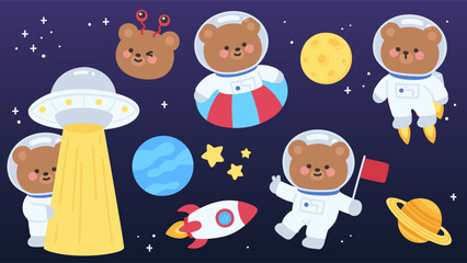 Cute Astronaut Bear Character Set with UFO and Planets on Dark Space Background