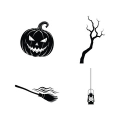 Vector art of halloween silhouettes featuring a jackolantern, tree, broom, and lantern for spooky autumn designs