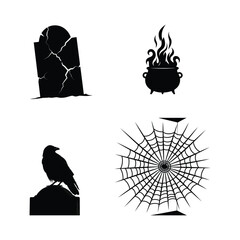 Vector art of halloween silhouettes featuring a tombstone, cauldron, raven, and spiderweb for spooky season decorations and designs