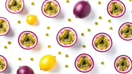 Vibrant Passion Fruit and Lemon Pattern on White Background.