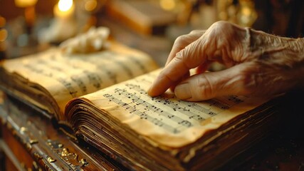 Elderly Hand Tracing Ancient Musical Manuscript by Candlelight. - Powered by Adobe