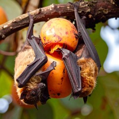 Two bats eating fruit from a tree