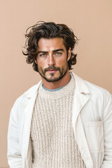 Fototapeta premium portrait of a handsome man in a sweater and white lab coat against pale tan background