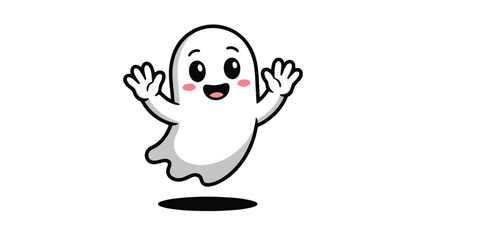 Fototapeta premium Cute cartoon ghost with rosy cheeks and raised hands