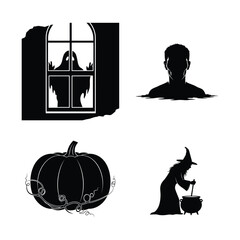 Vector art of eerie halloween icons featuring a ghost in window, man in water, pumpkin, and witch stirring cauldron for spooky designs
