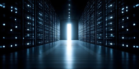 Vast Data Center Corridor with Glowing Rack Servers and Bright Exit Door, Symbolizing Modern Technology