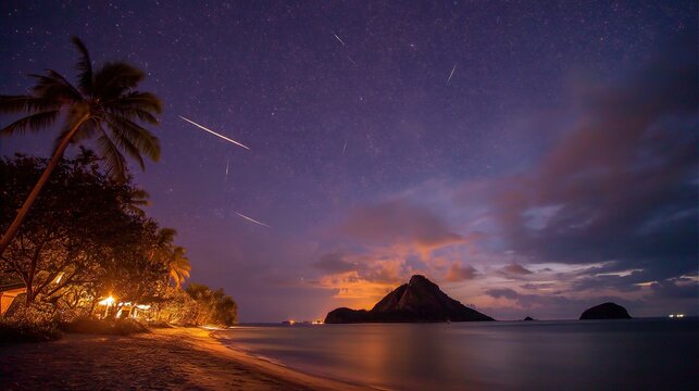 Purple sky with stars, serene beach, and tranquil sea create a breathtaking night scene that evokes a sense of wonder and tranquility, highlighting the dreamy natural landscape’s calm and beauty.