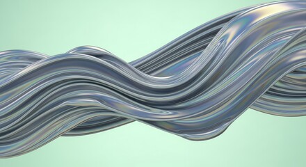 Obraz premium Abstract Metallic Waves with Iridescent Sheen on Light Green Background Design