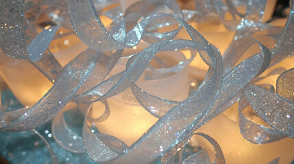 Silver ribbon and lights creating elegant winter holiday mood