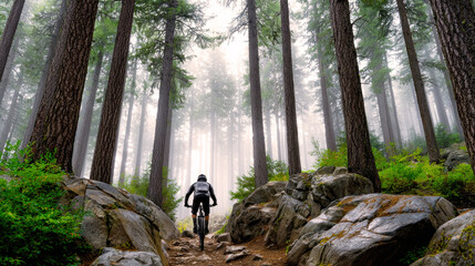 A man is riding a bike through a forest with foggy weather