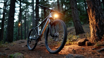 Naklejka premium A bicycle is parked in the woods at night