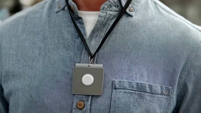 Retractable badge holder with a magnetic backing attached to a uniform employee ID in sharp focus while the surrounding workspace remains blurred.