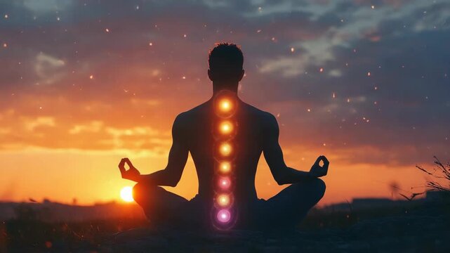 Man meditating with glowing chakra points aligned on his back, sitting in lotus pose at sunset, symbolizing inner strength, energy flow, spiritual balance, and mind-body harmony through stillness