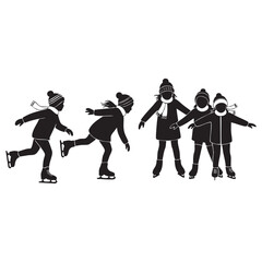 Children Ice Skating in Winter Clothes Vector Silhouette Set