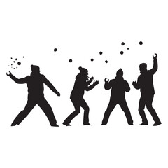Group of Friends Having a Snowball Fight Silhouette Vector