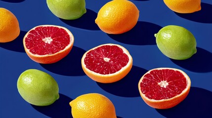 A blue background with a variety of citrus fruits including oranges and lemons. The oranges are cut in half and the lemons are whole