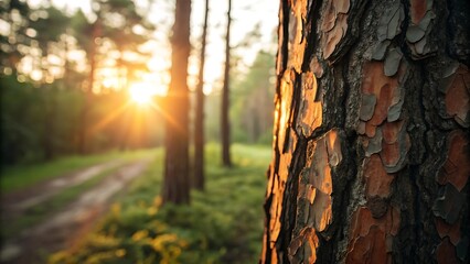 a serene forest scene with sunlight filtering through trees