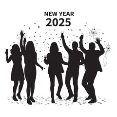 Happy New Year 2025 Celebration with Diverse Group and Champagne Pop Vector Illustration