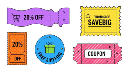 Colorful Coupon and Promo Code Icons &ndash; Stylized Tear-Off Vouchers, Discount Stubs, and E-Commerce Line Art Illustrations
