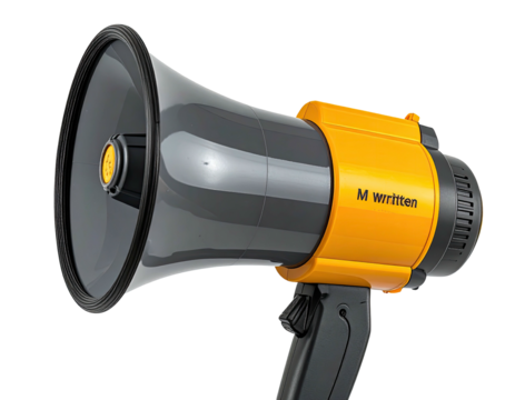 A close-up view of a gray and yellow megaphone - Powered by Adobe