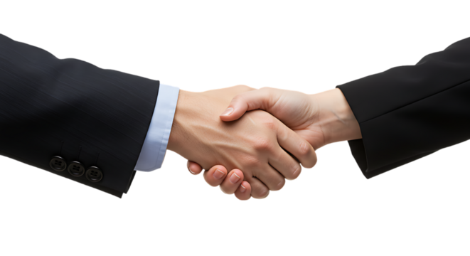 A close up shot of two people in business attire shaking hands against a black background in agreement on transparent background - Powered by Adobe