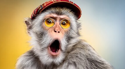 A monkey wearing a red hat and yellow glasses is looking surprised. The image has a playful and whimsical mood, as the monkey's appearance is exaggerated and humorous