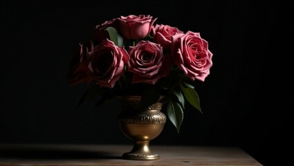 Elegant Pink Roses in Vintage Vase &ndash; Classic Floral Still Life on Dark Background