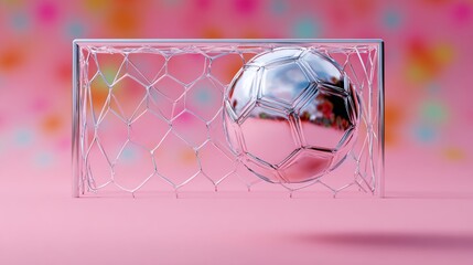 A silver soccer ball is sitting in front of a net. The net is made of metal and has a pink background